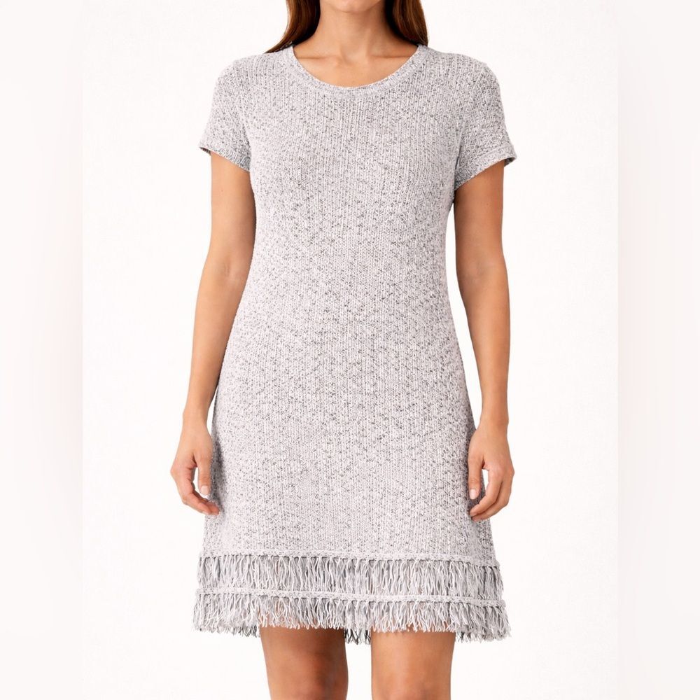 Style & Co Gray Marled Knit Sweater Dress Fringe Hem Medium Boho Cotton